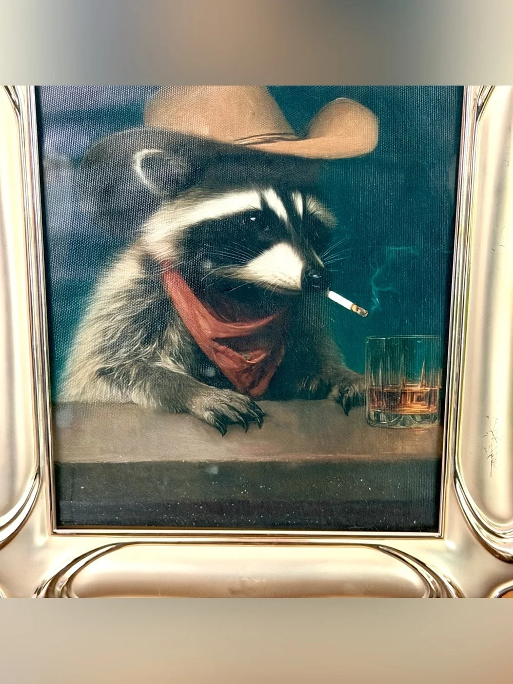 Bandit Raccoon Smoking Cigarette Western Cowboy Whiskey Canvas Art Print Framed